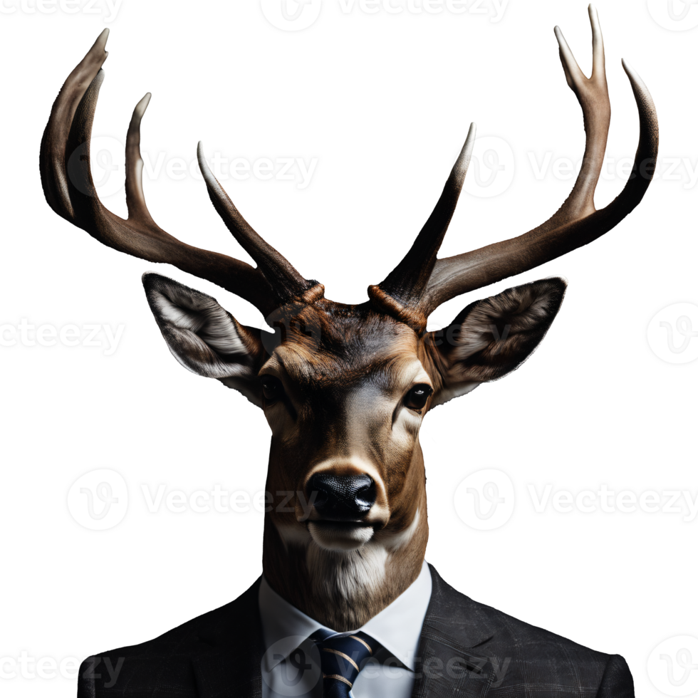 Portrait of Humanoid Anthropomorphic Deer Stag Wearing Businessman Suit Isolated Transparent Generative AI png