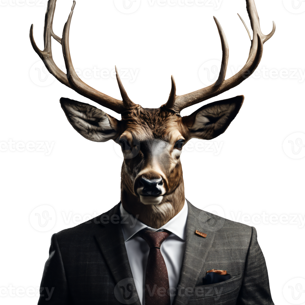 Portrait of Humanoid Anthropomorphic Deer Stag Wearing Businessman Suit Isolated Transparent Generative AI png