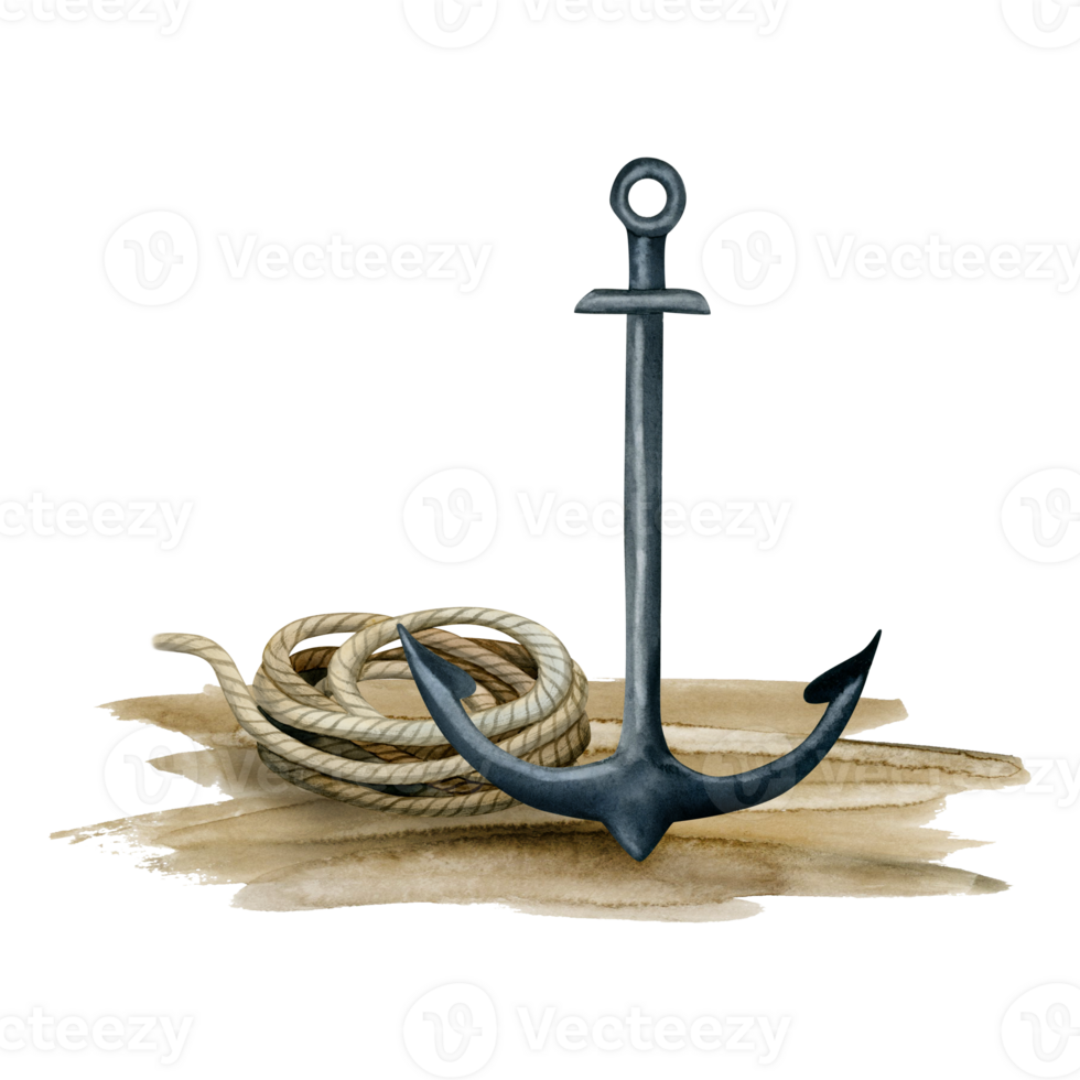 Watercolor anchor and coil of rope illustration for nautical stickers, party decorations, travel and vacation designs png