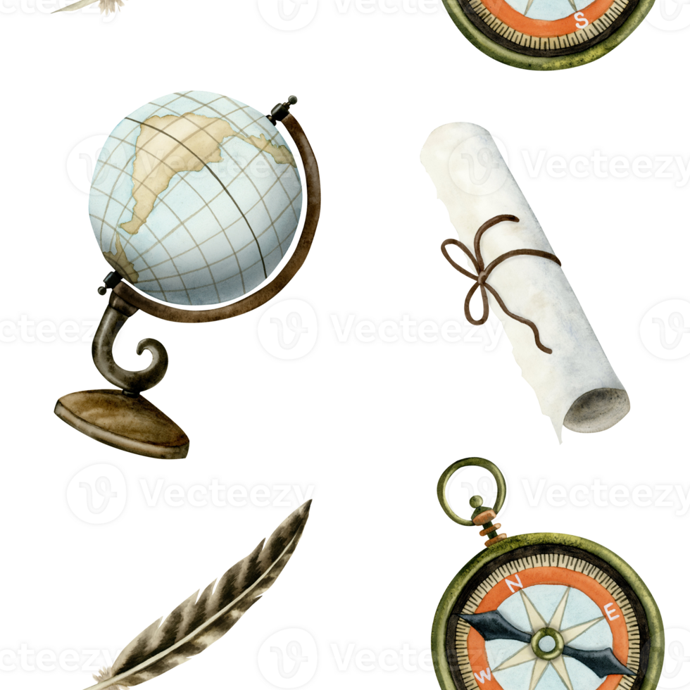 Globe, compass, paper scroll and feather pen watercolor seamless pattern for adventure sailing and geography designs png