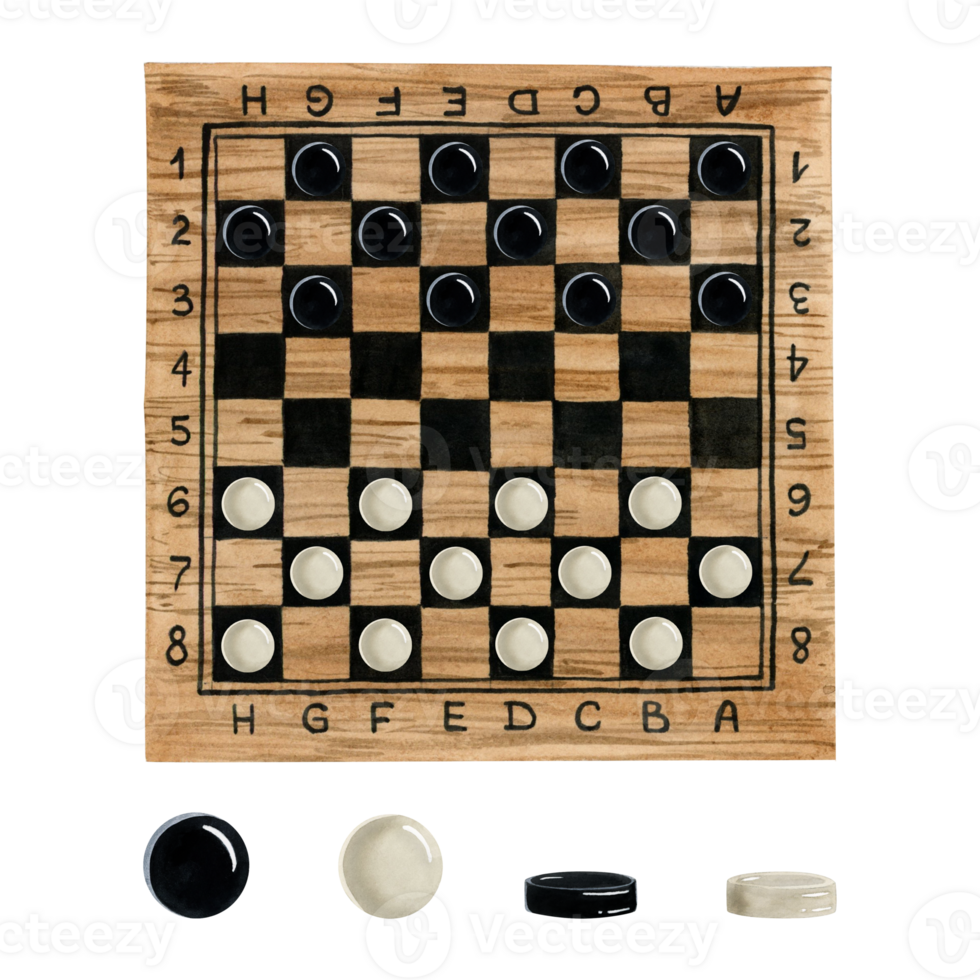 Checkers game watercolor illustration with wooden chess board. Hand drawn brown and black desk for intellectual game beginning. png