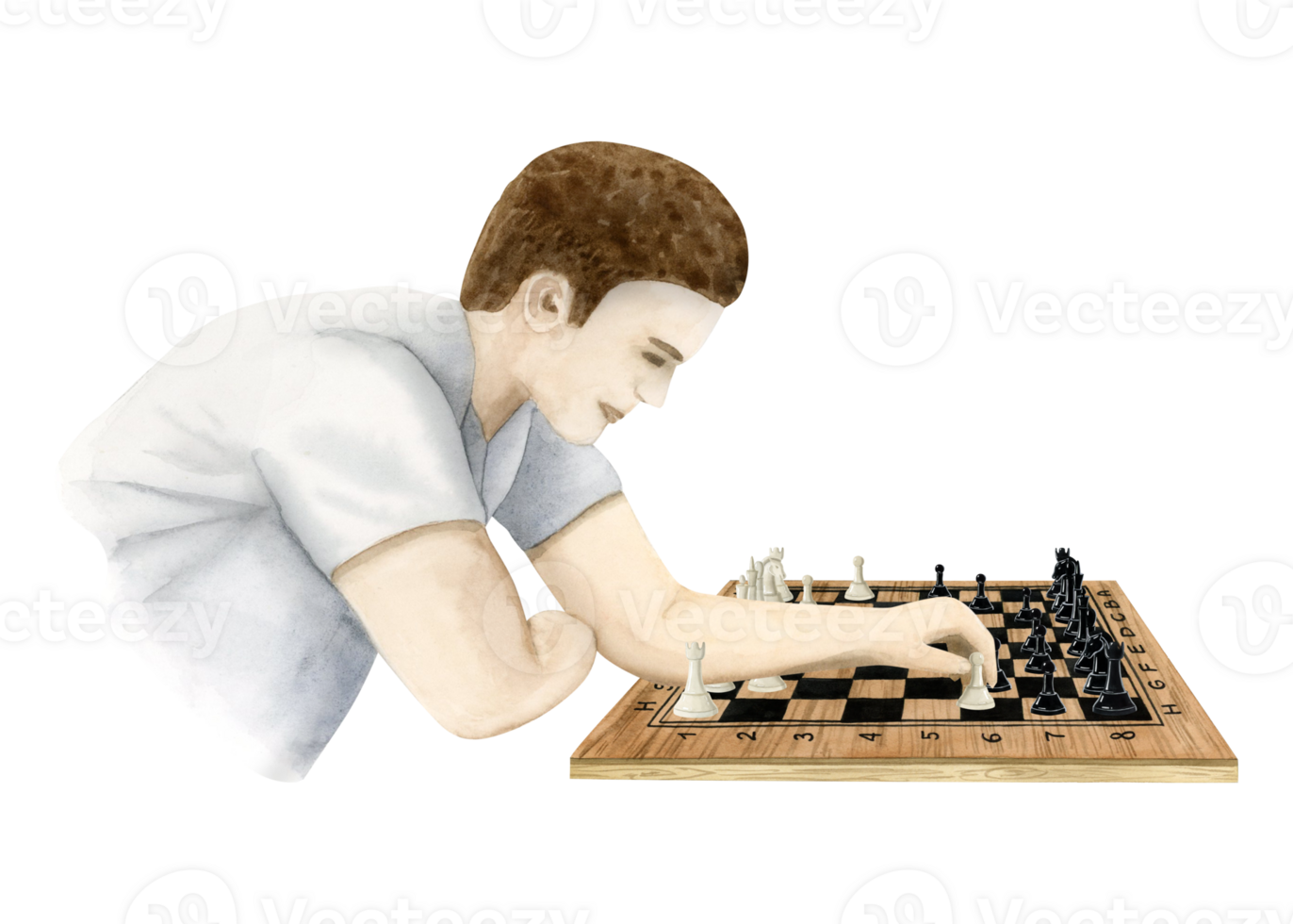 Chess player making move with white pawn illustration. Hand drawn man playing board game template png