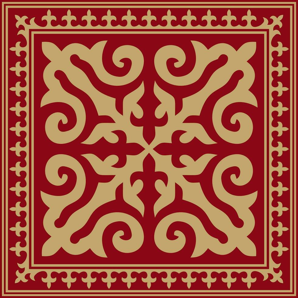 Vector red with gold Square Kazakh national ornament. Ethnic pattern of the peoples of the Great Steppe, .Mongols, Kyrgyz, Kalmyks, Buryats