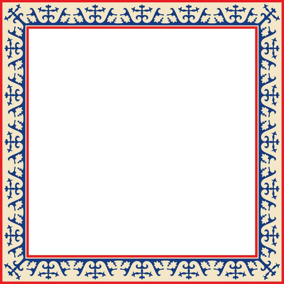 Vector colored square Kazakh national ornament. Ethnic pattern of the peoples of the Great Steppe, Mongols, Kyrgyz, Kalmyks, Buryats. Square frame border