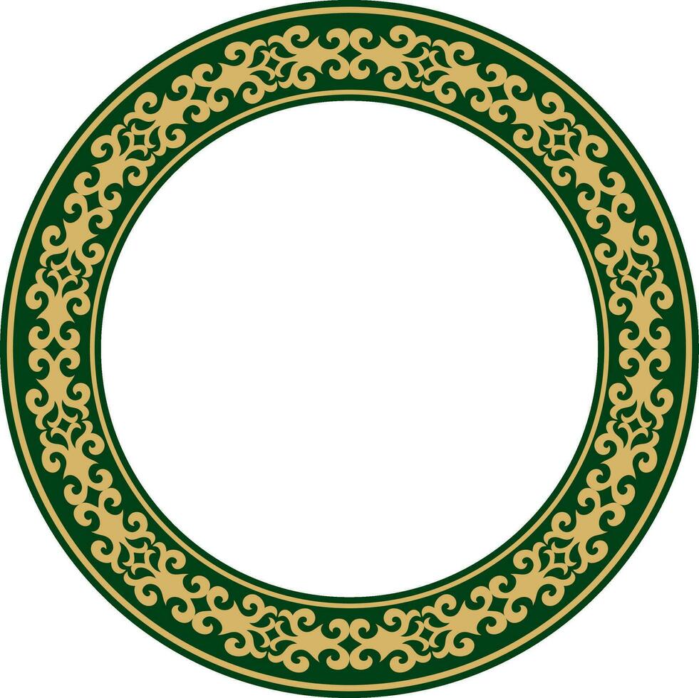 Vector gold and green Kazakh national round pattern, frame. Ethnic ornament of the nomadic peoples of Asia, the Great Steppe, Kazakhs, Kirghiz, Kalmyks, Mongols, Buryats, Turkmens