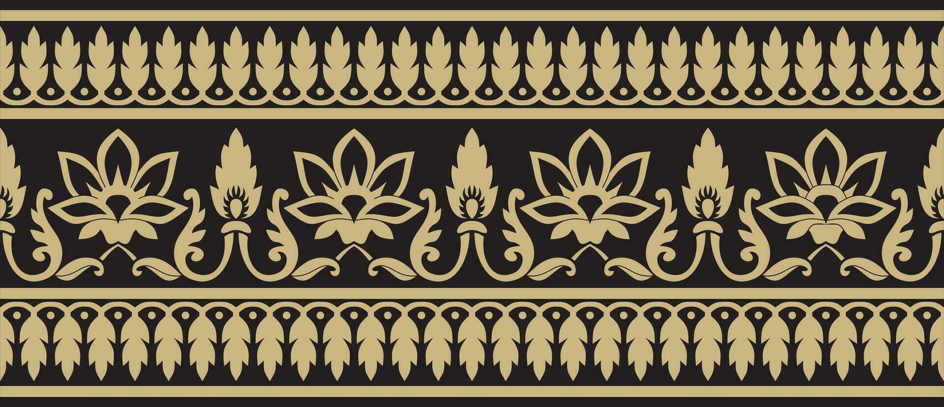 Vector seamless gold and black Indian national ornament. Ethnic endless plant border. Flowers frame. Poppies and leaves