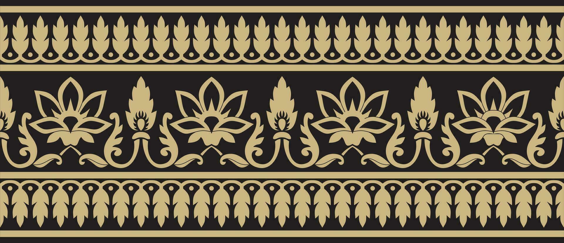 Vector seamless gold and black Indian national ornament. Ethnic endless plant border. Flowers frame. Poppies and leaves