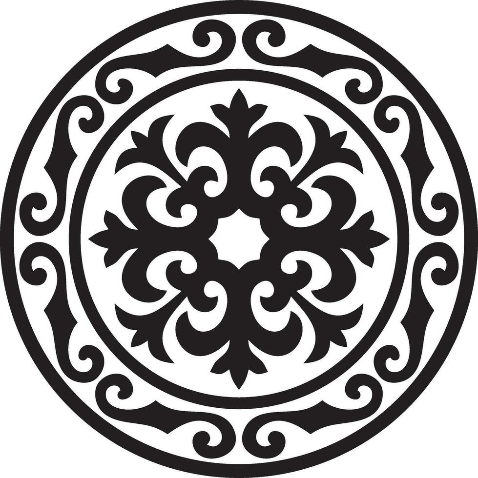 Vector black monochrome round Kazakh national ornament. Ethnic pattern of the peoples of the Great Steppe, .Mongols, Kyrgyz, Kalmyks, Buryats. circle, frame border