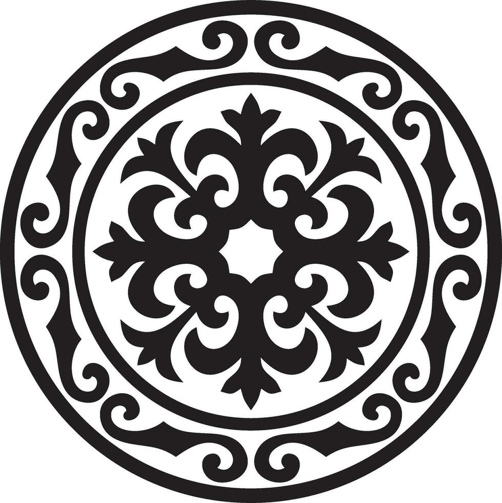 Vector black monochrome round Kazakh national ornament. Ethnic pattern of the peoples of the Great Steppe, .Mongols, Kyrgyz, Kalmyks, Buryats. circle, frame border