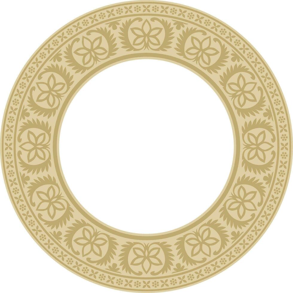 Vector round golden Indian national ornament. Ethnic plant circle, border. Frame, flower ring. Poppies and leaves
