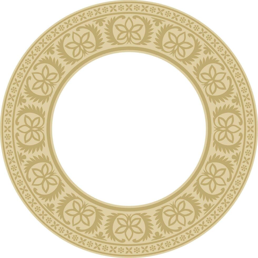 Vector round golden Indian national ornament. Ethnic plant circle, border. Frame, flower ring. Poppies and leaves