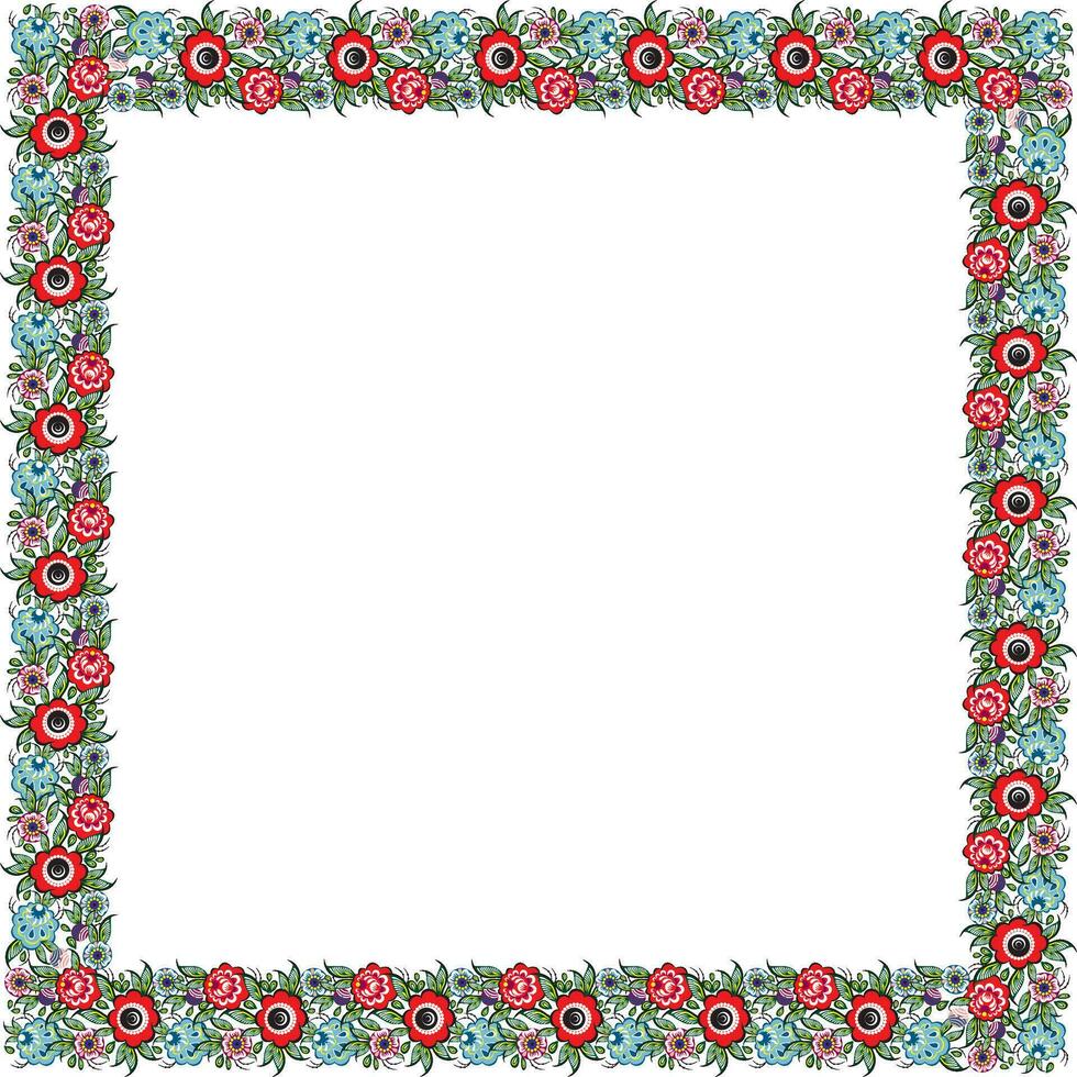 Vector colored square ethnic Russian national ornament. floral slavic pattern, border, frame. Gorodets painting. wreath