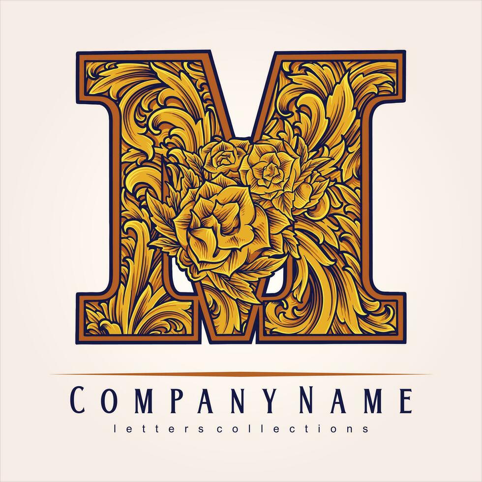 Artistic monogram letter initial M with floral ornamentation vector illustrations for your work logo, merchandise t-shirt, stickers and label designs, poster, greeting cards advertising business