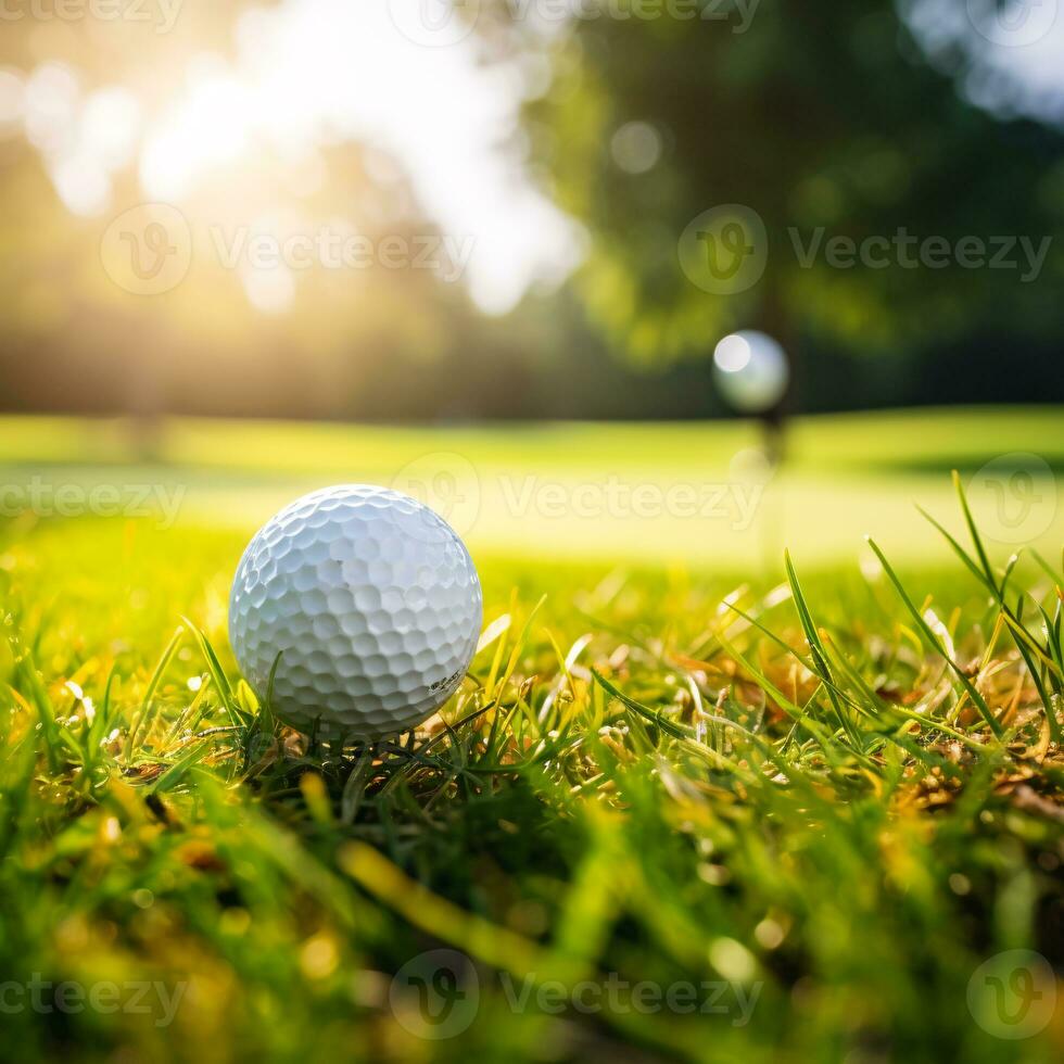 esencia de golf en un soñador día con un pelota en el primer plano en contra un iluminado por el sol horizonte ai generativo foto