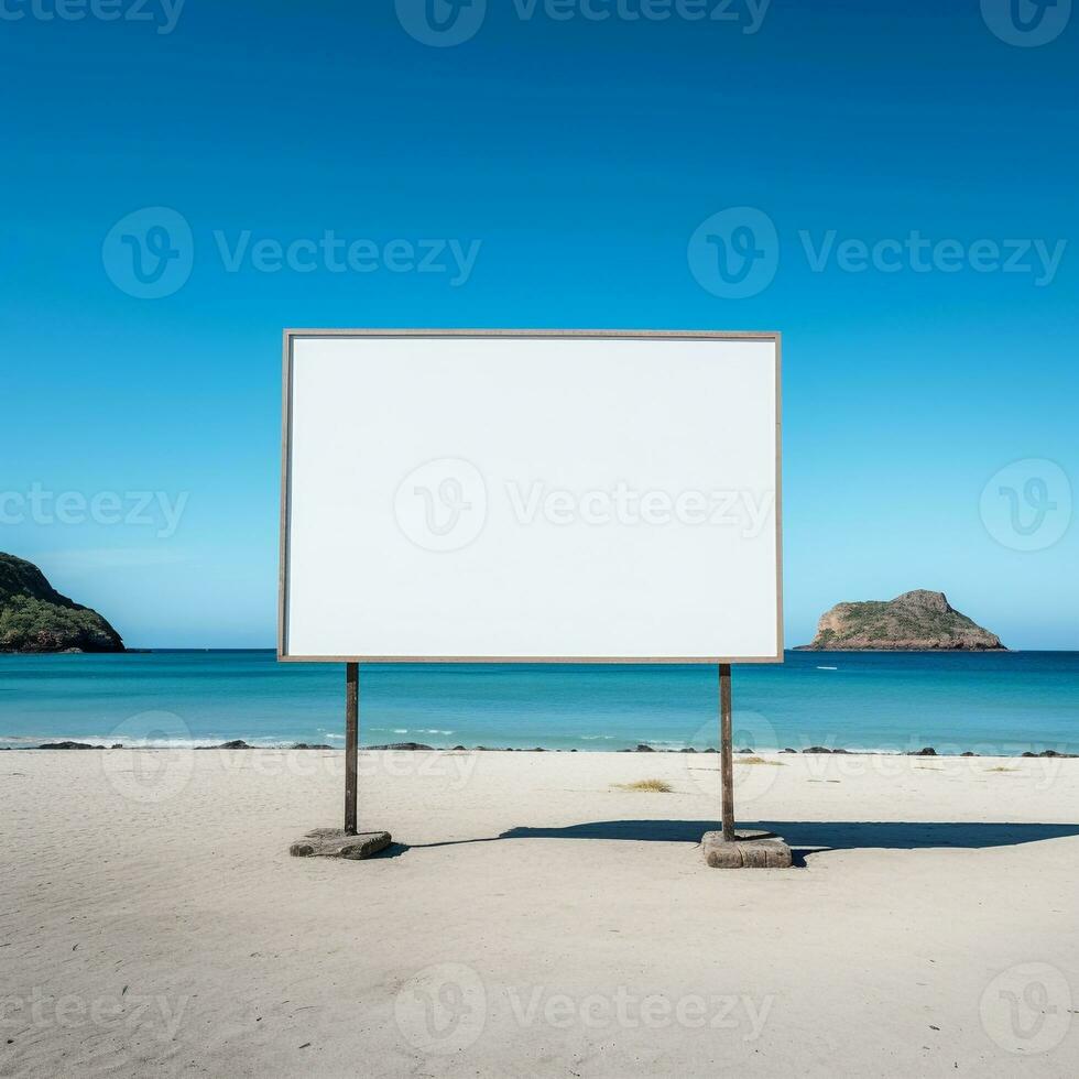 Striking image of a blank billboard frame on a desolate beach, endless advertising possibilities AI Generative photo