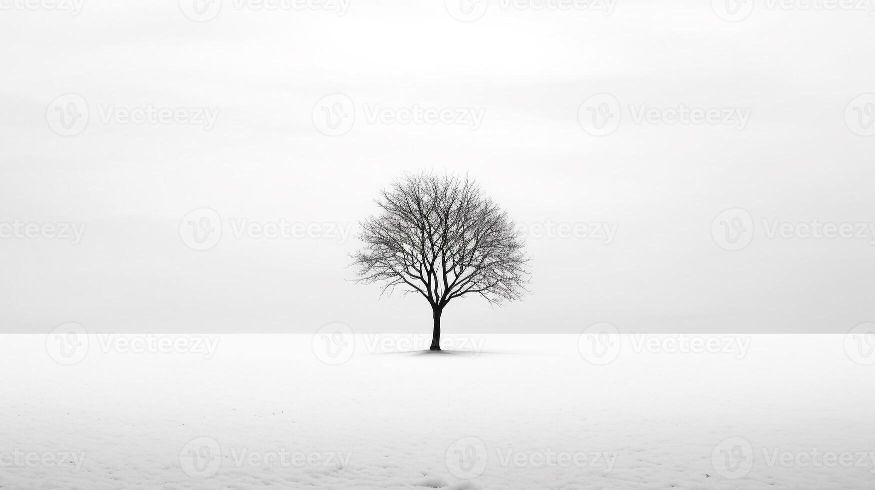 Embodying solitude - Monochromatic image of a lone tree casting shadows against a stark white background AI Generative photo