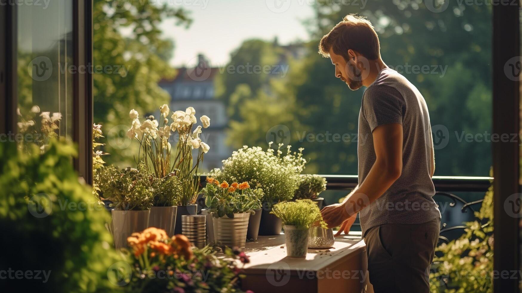 Man embracing a serene morning routine on a sunlit balcony overlooking a vibrant spring garden AI Generative photo