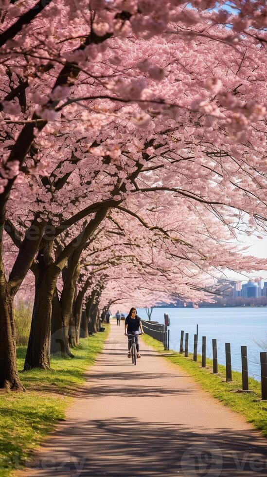 Expansive springtime park scene filled with blooming cherry blossoms and health-conscious individuals photo