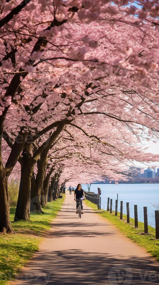 Expansive springtime park scene filled with blooming cherry blossoms and health-conscious individuals AI Generative photo