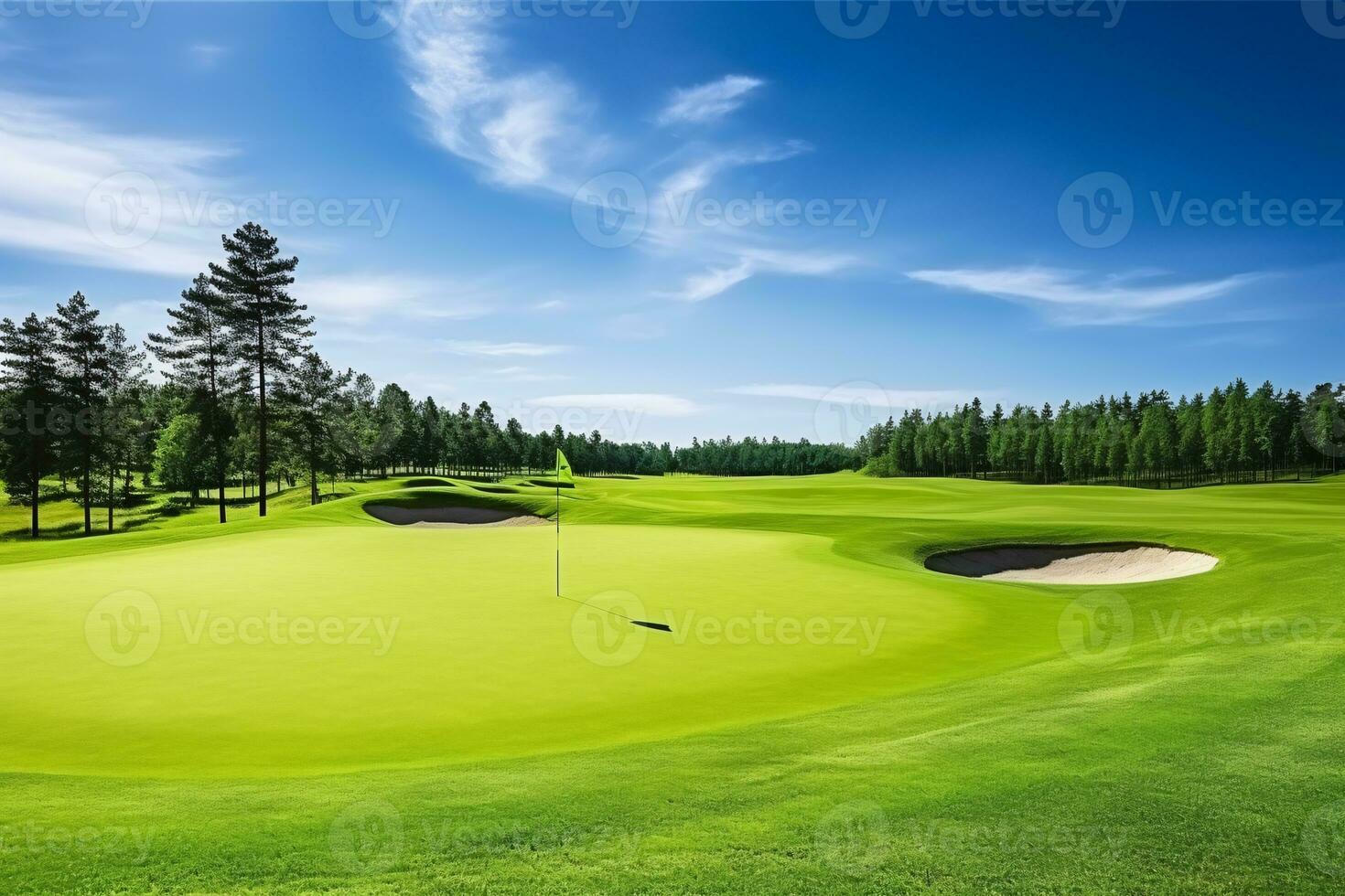 Celebrate the Radiant Beauty of a Well-Maintained Golf Course under a Dreamy Sky AI Generative photo