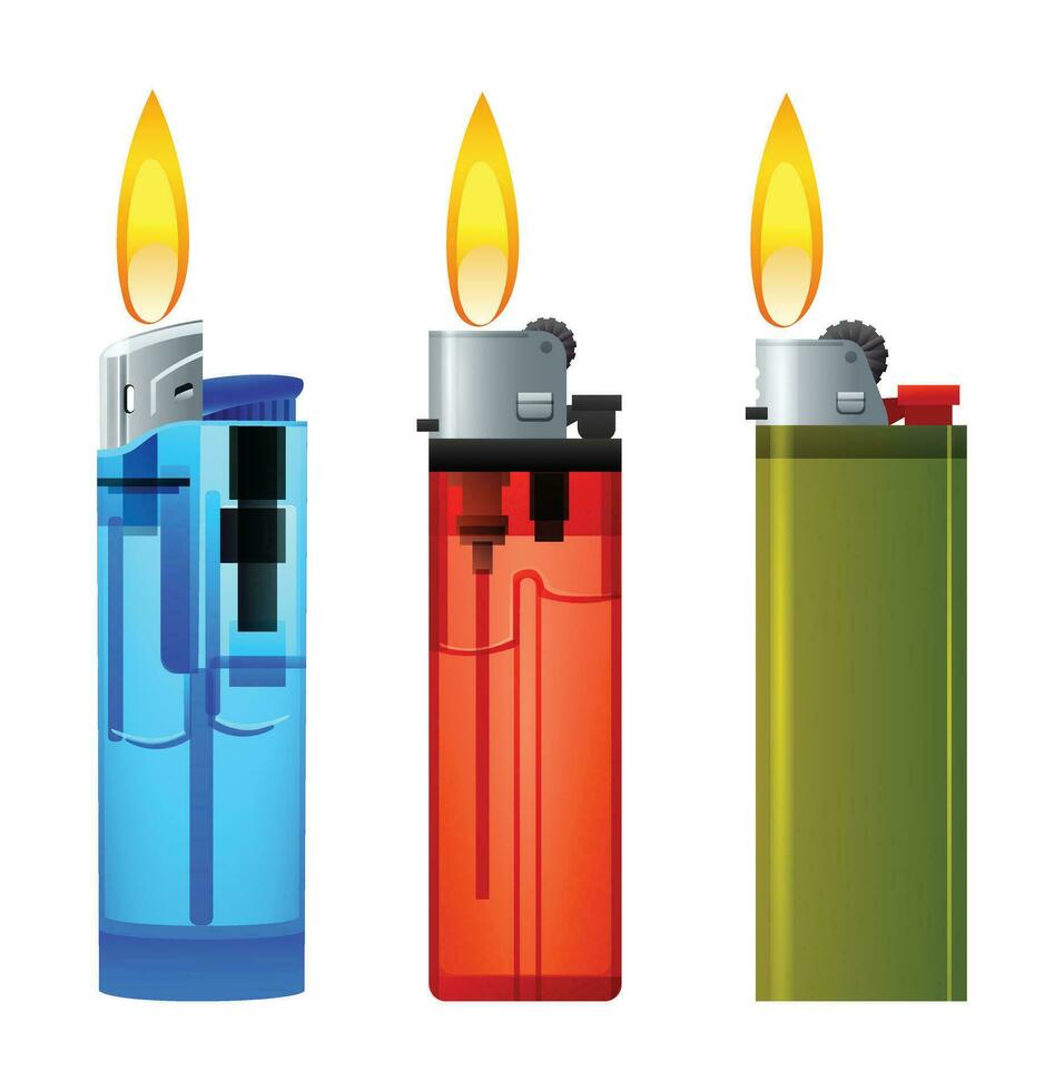 Set of various lighters vector illustration. Gas lighters with burning fire isolated on white background