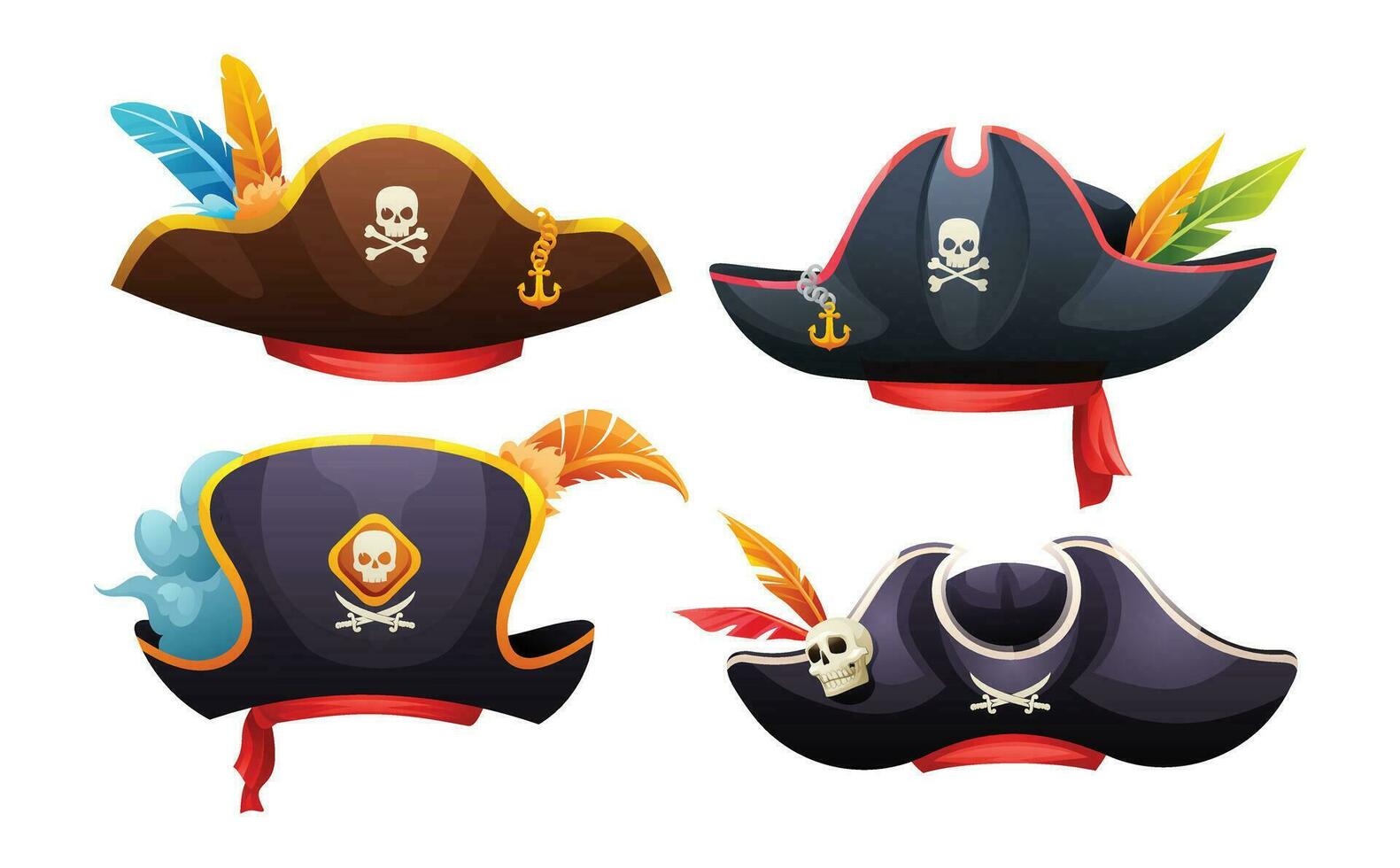 Set of various pirate hats with skull, crossbones and feathers cartoon illustration vector