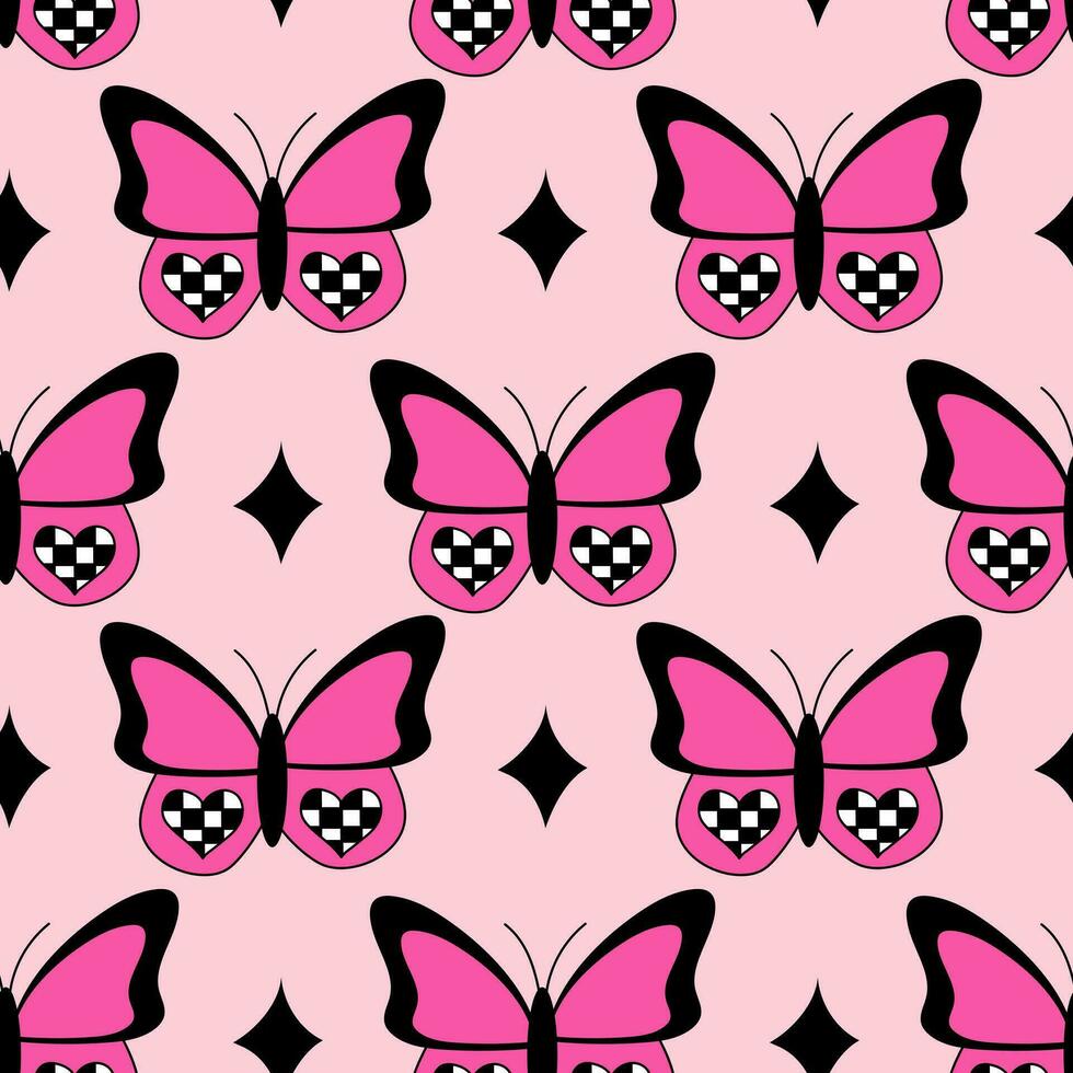 Emo seamless pattern with butterflies and chessboard hearts and stars. Y2k. Black and pink. Retro style of the 2000s. vector
