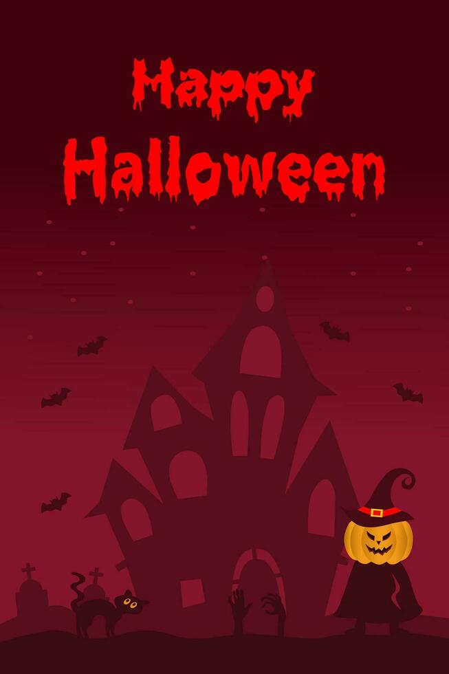 Halloween vertical background with scarecrow pumpkin and Castle. Flyer or invitation template for Halloween party. Vector illustration.