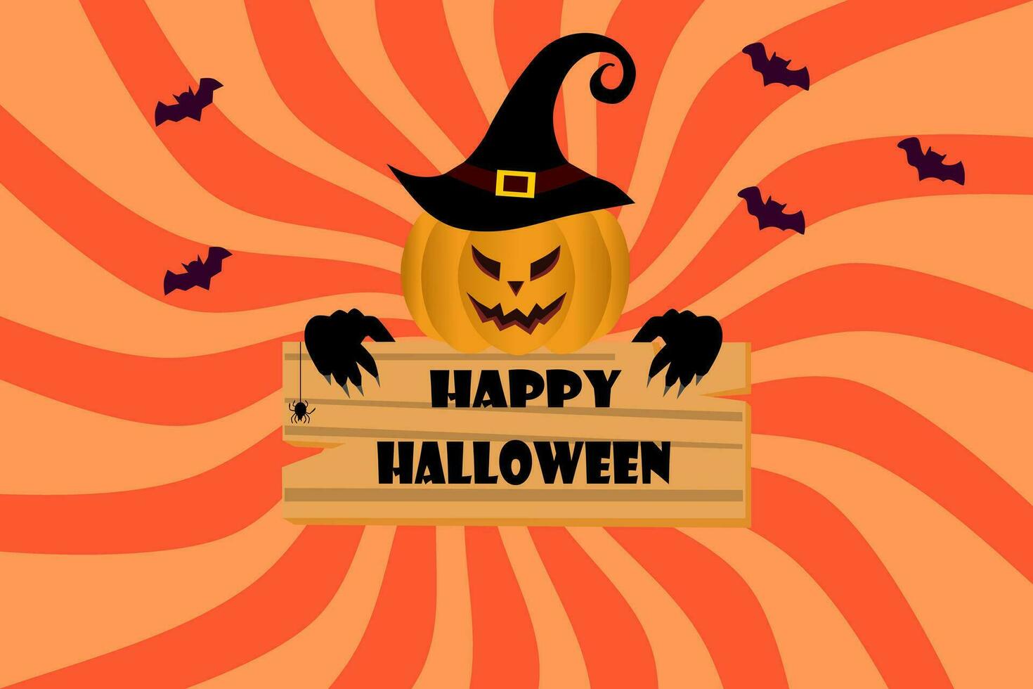 Halloween template background with the Halloween text and the scarecrow pumpkin. Vector illustration.