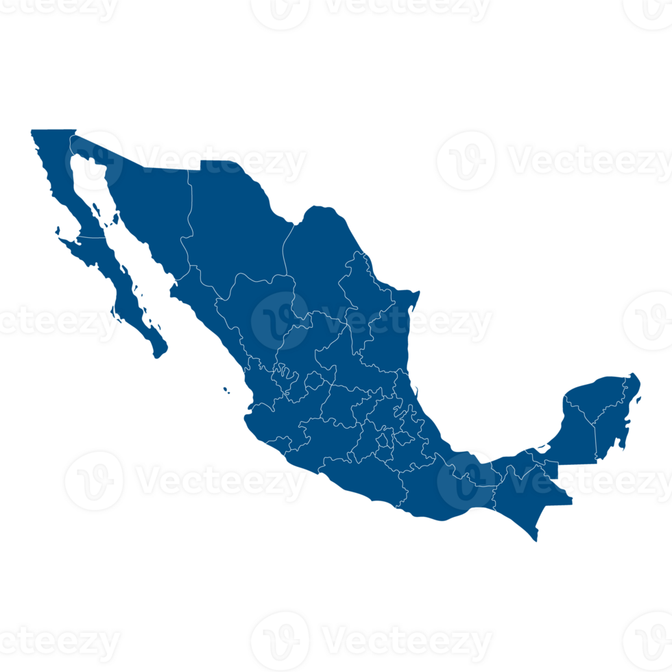 Map of Mexico with administrative regions in blue. Mexican map regions. png