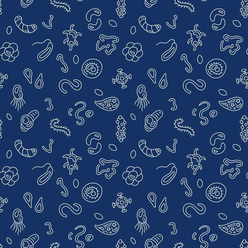 Microbes Bioengineering vector concept line blue seamless pattern