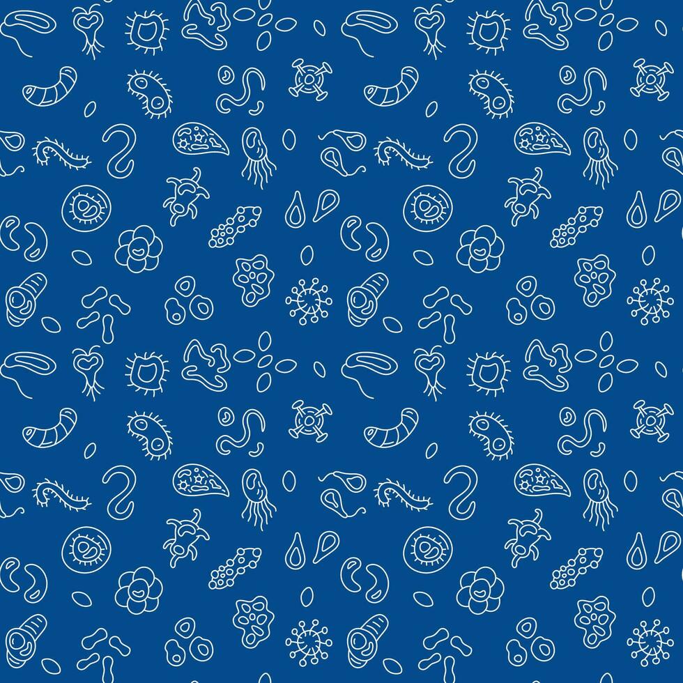 Microbes and Viruses vector Microbiology concept blue outline seamless pattern