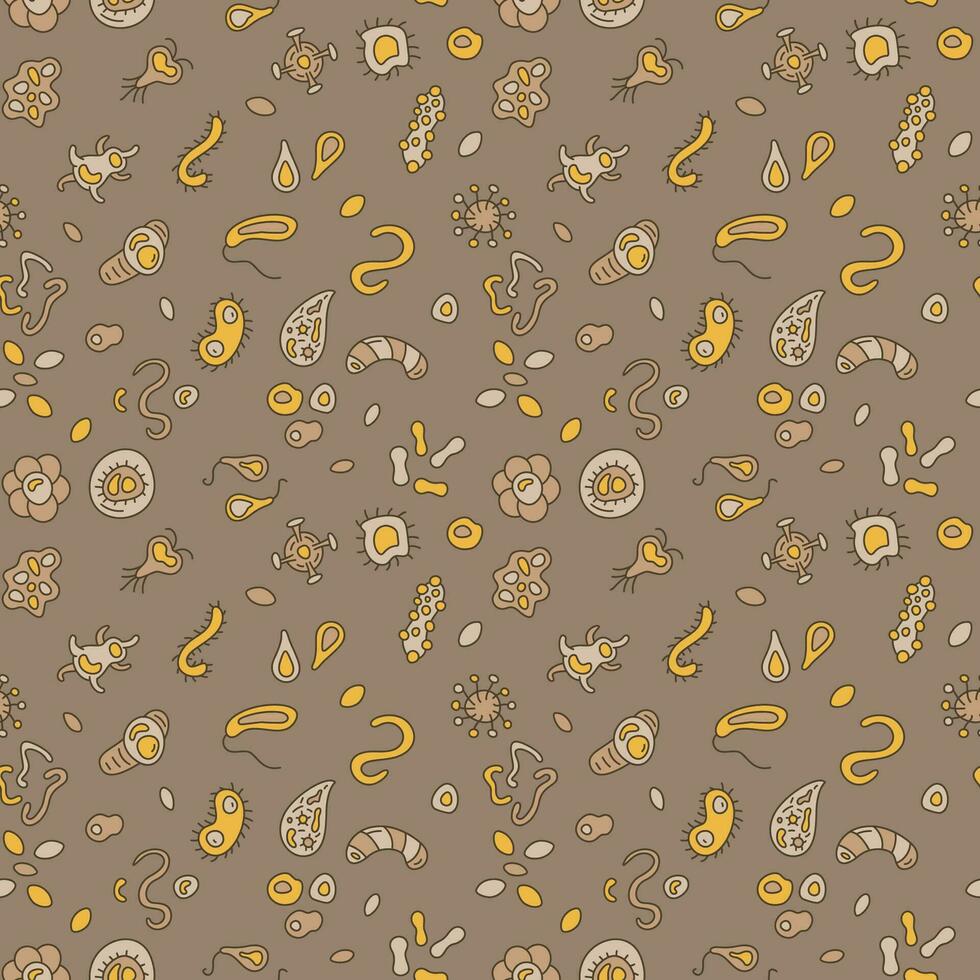 Microbiology vector concept brown seamless pattern with Bacteria signs