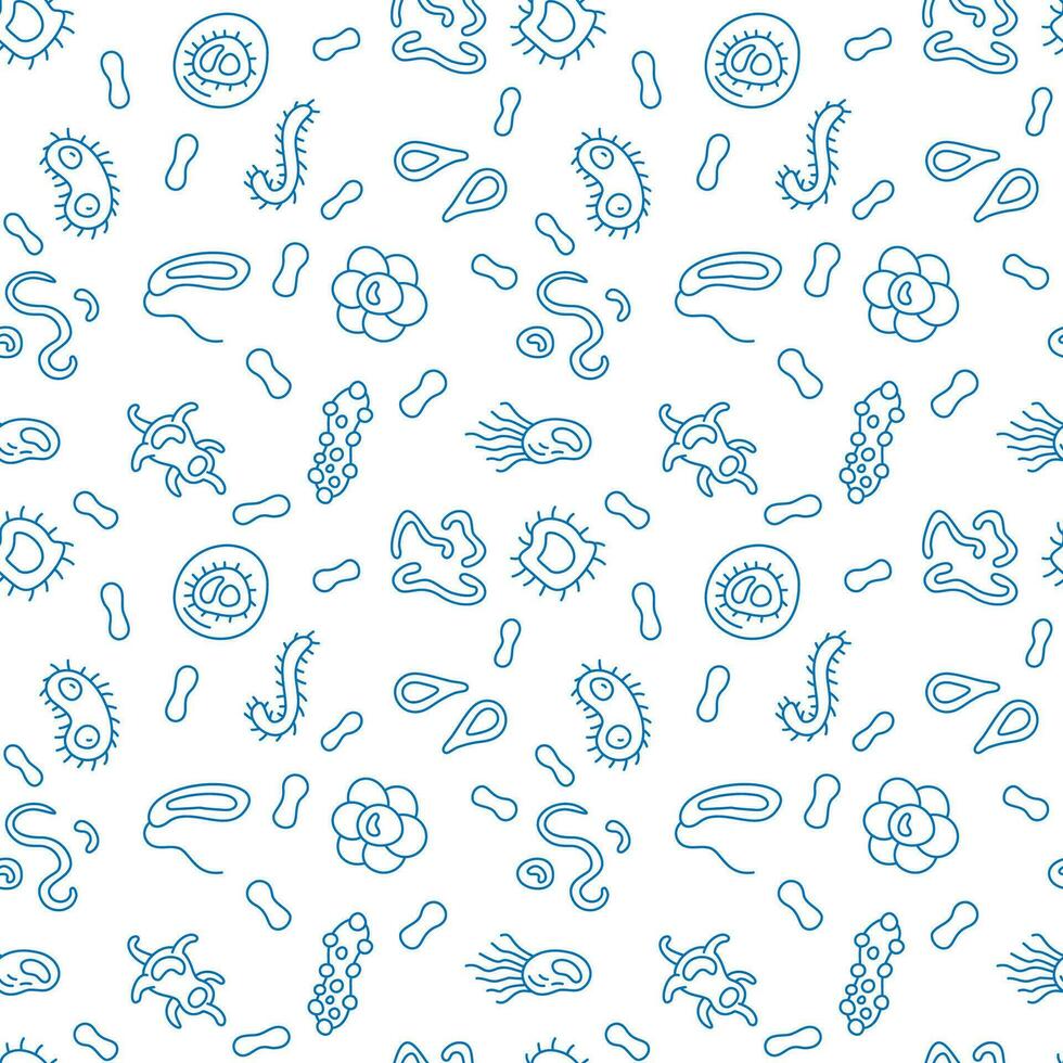 Viruses and Microbes vector Bioengineering concept blue thin line seamless pattern