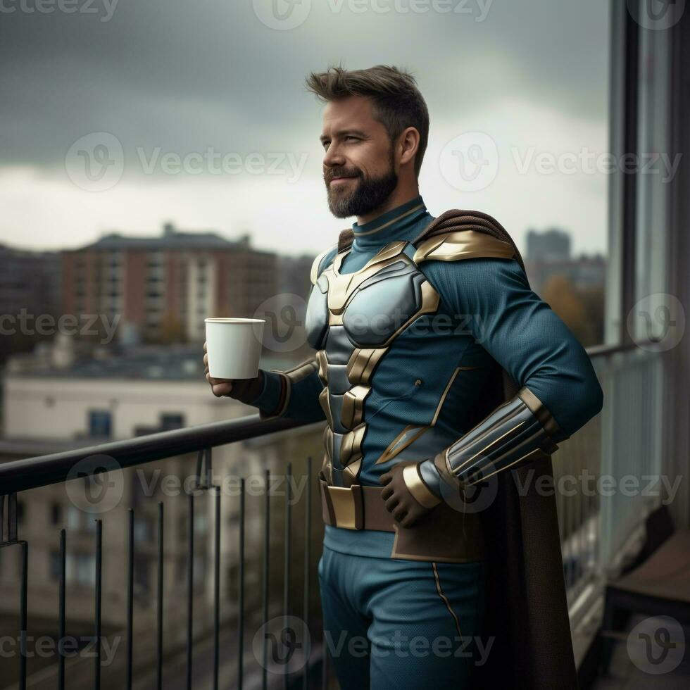 Coffee, Cityscape, Costume - The Casual Morning of an Off-Duty Hero AI Generative photo