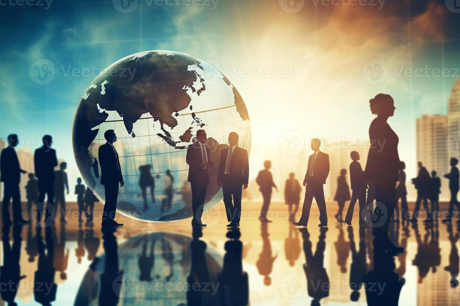 Silhouettes of business people against a large transparent globe photo