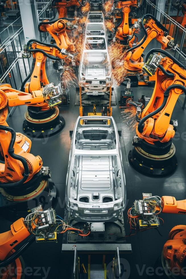 Overhead view of robotic precision on an automotive assembly line AI Generative photo