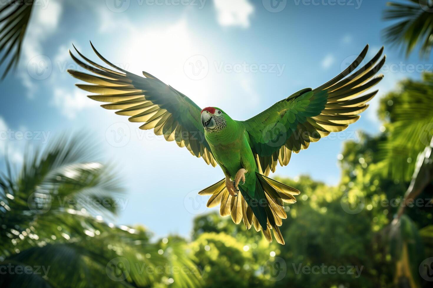 Dense, emerald-green jungle scene with a vibrant parrot flying amidst the foliage photo