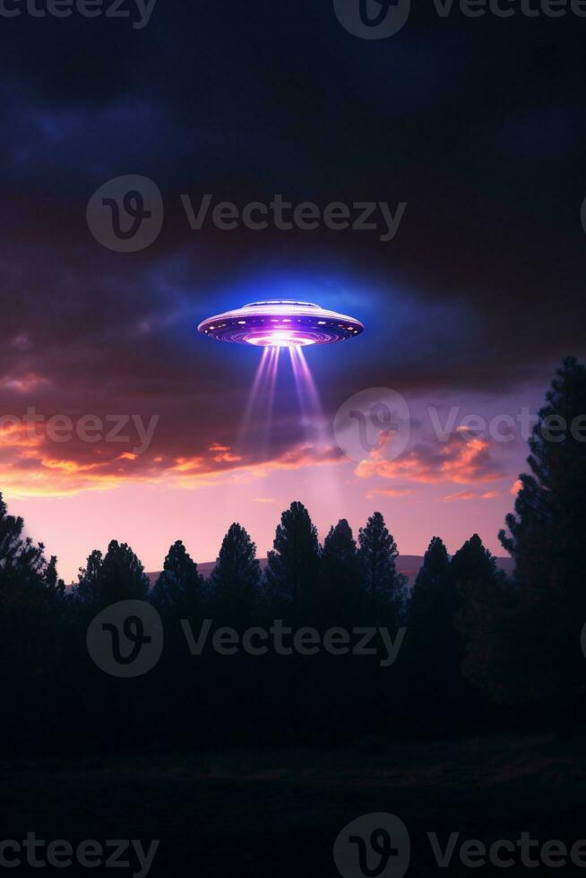 Mysterious UFO sighting in the twilight sky emitting an iridescent glow and mesmerizing light patterns AI Generative photo