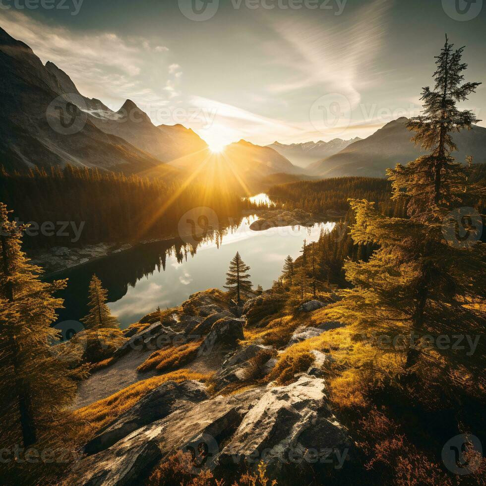 Ethereal Landscape Shot Capturing the Sun's Golden Hue Over Majestic Mountains and Serene Lakes AI Generative photo