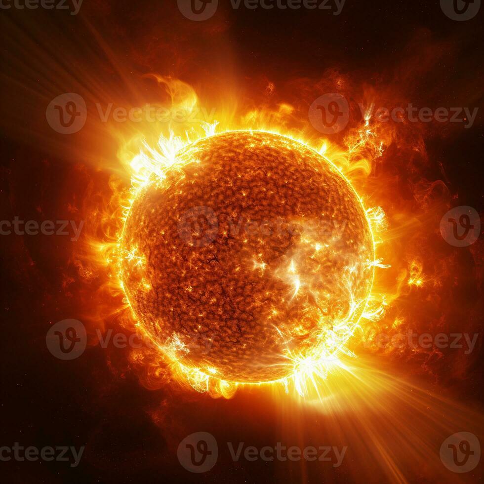 Hyper-realistic image of the sun's surface showcasing the raw power of erupting solar flares AI Generative photo