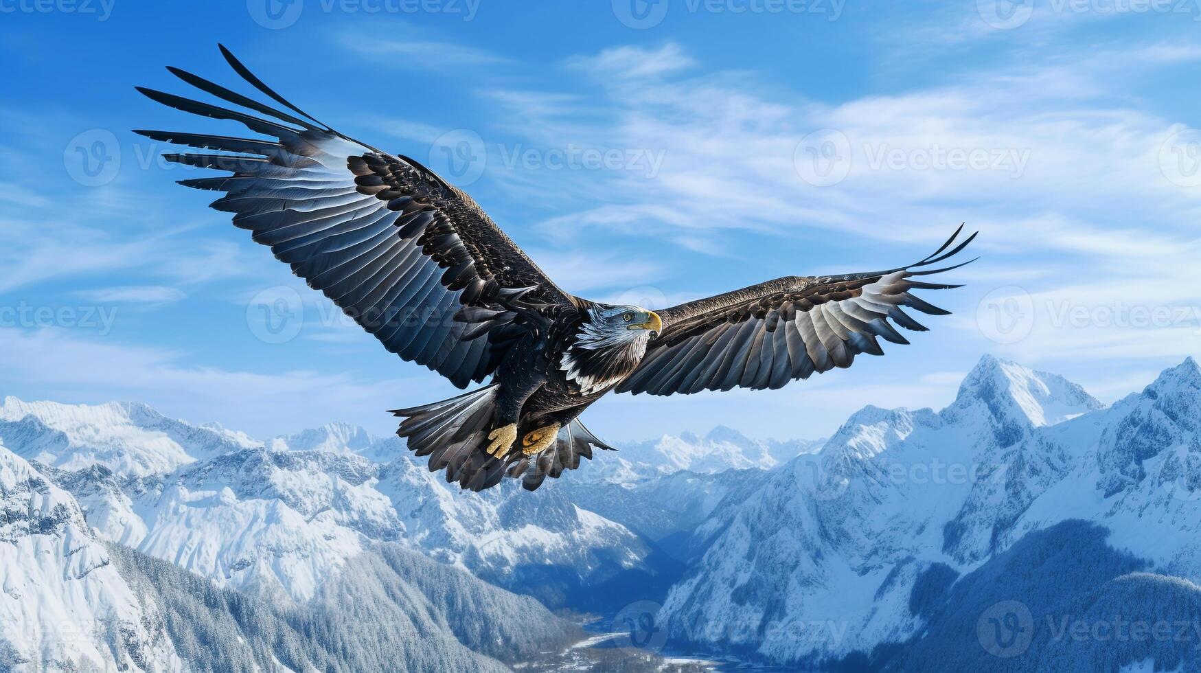 Majestic eagle soaring above a pristine, snow-capped mountain range under a blue sky photo