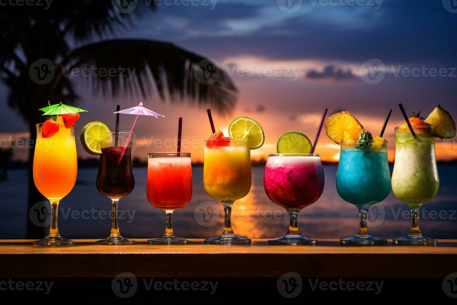 Array of Vibrant Exotic Cocktails against Tropical Beach Backdrop at Dusk AI Generative photo