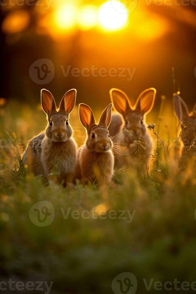 un familia de salvaje conejos disfrutando el hora dorada ver en un herboso campo ai generativo foto