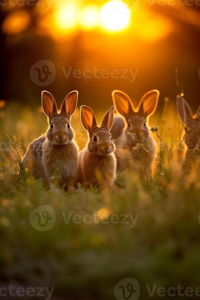 A family of wild rabbits enjoying the golden-hour view in a grassy field photo