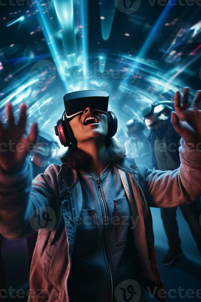 Immersion into the virtual and augmented realities highlighting the marvel of technology and fusion of reality with the digital realm AI Generative photo