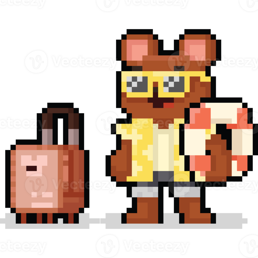 Pixel art cartoon summer brown bear traveller character png