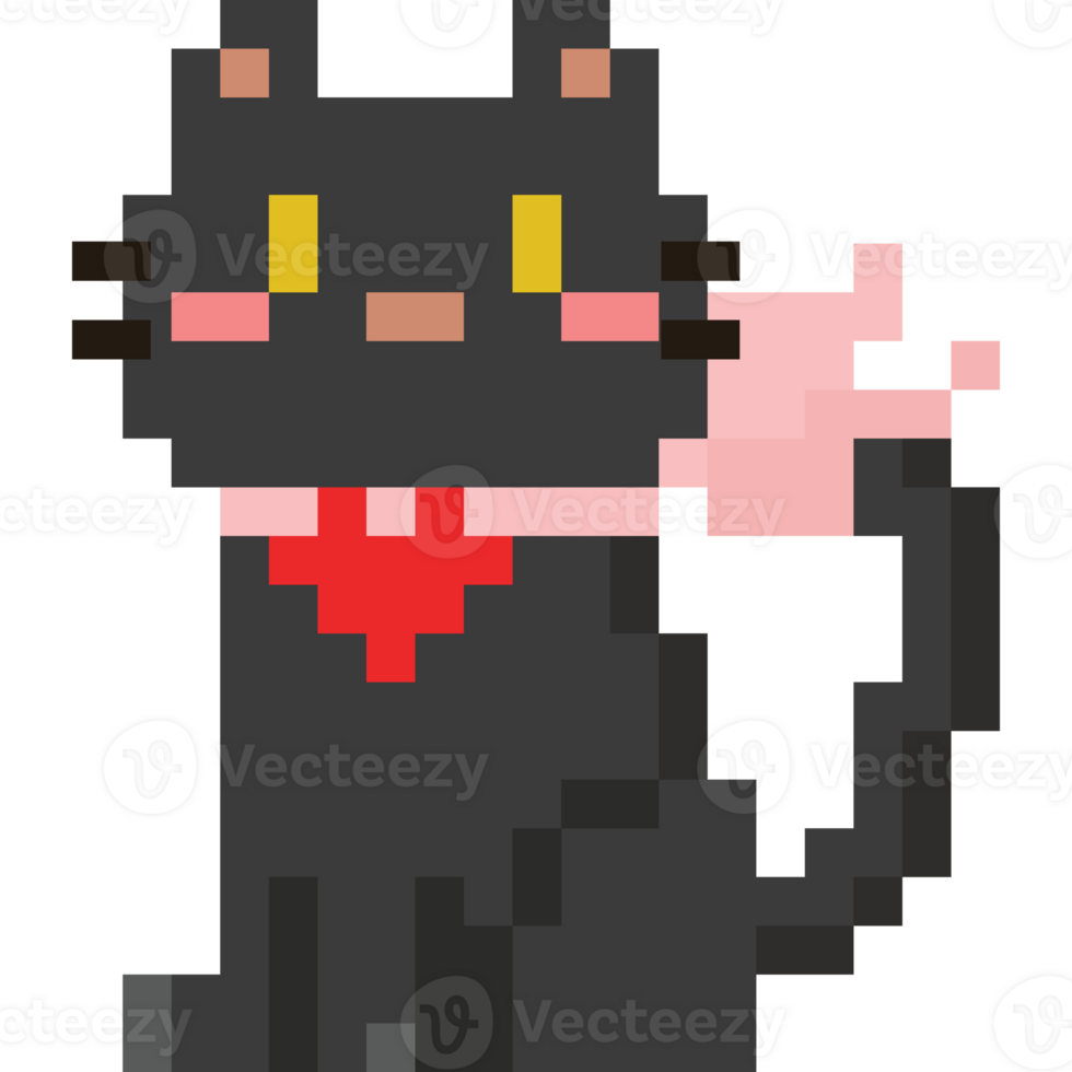 Pixel art black cat with red heart colla png