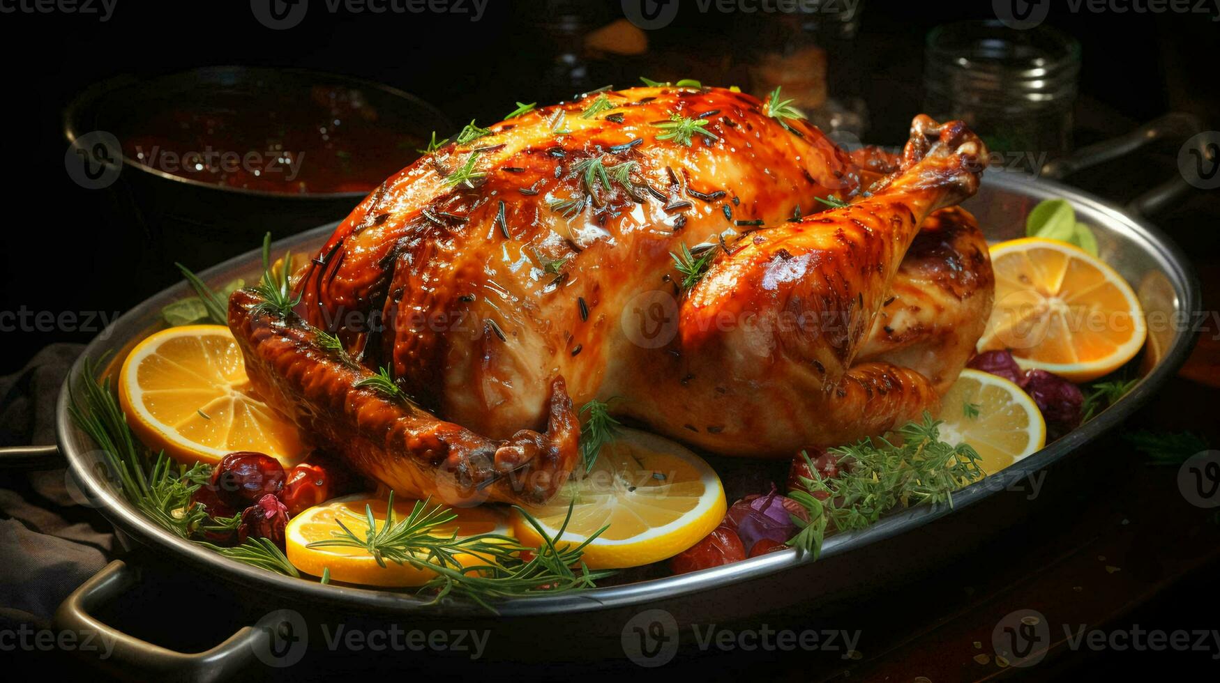 Delicious roasted holiday turkey baked in the oven with oranges or grilled chicken poultry with a fragrant crispy crust lies on a plate on the table photo