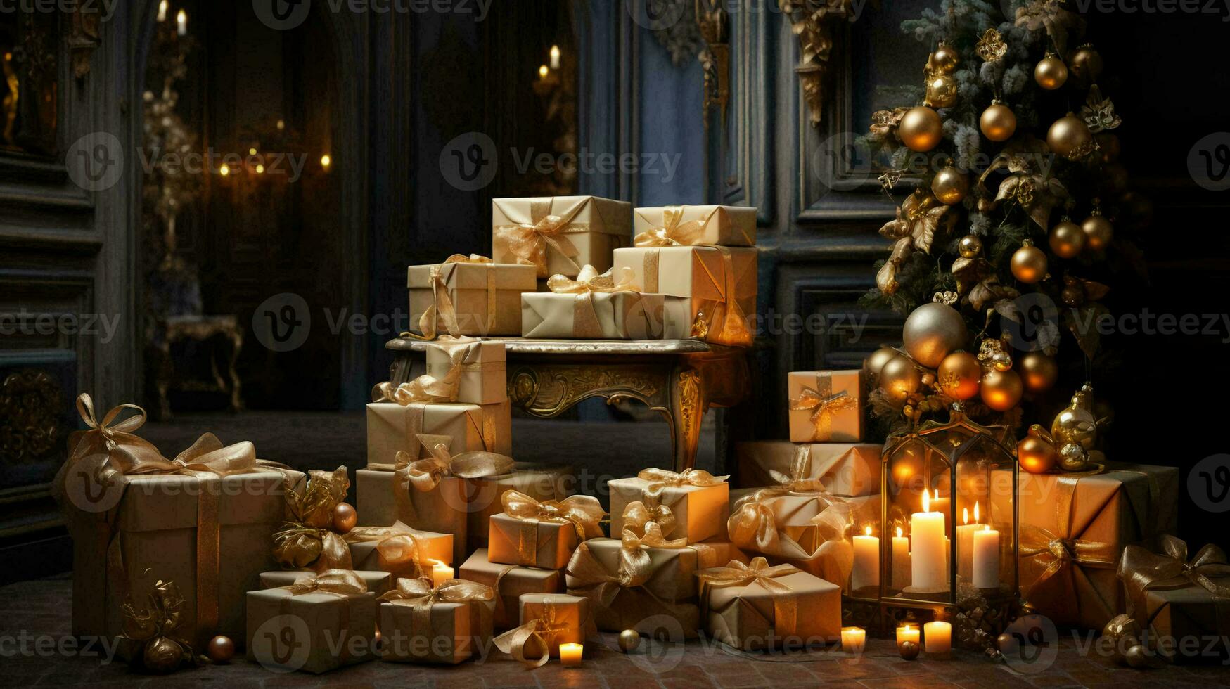 Beautiful shiny Christmas gifts for the holiday under the Christmas tree with toys near the fireplace. Christmas card concept photo